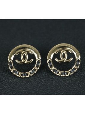 Chanel 2022 Studded Pierced Earrings with Leather Braided Gold Tone LIKE NEW!